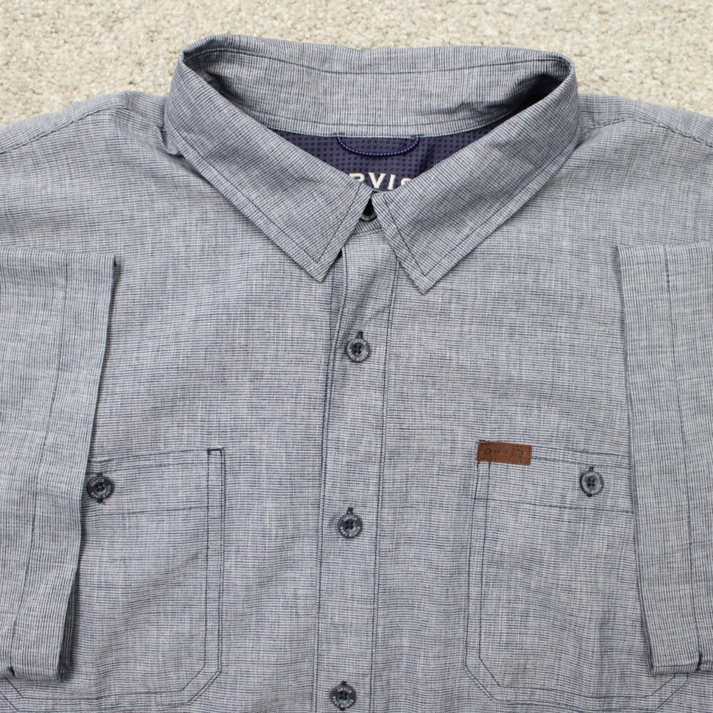 Orvis Shirt Mens 2XL XXL Blue Woven Tech UPF 30 Short Sleeve Button Casual